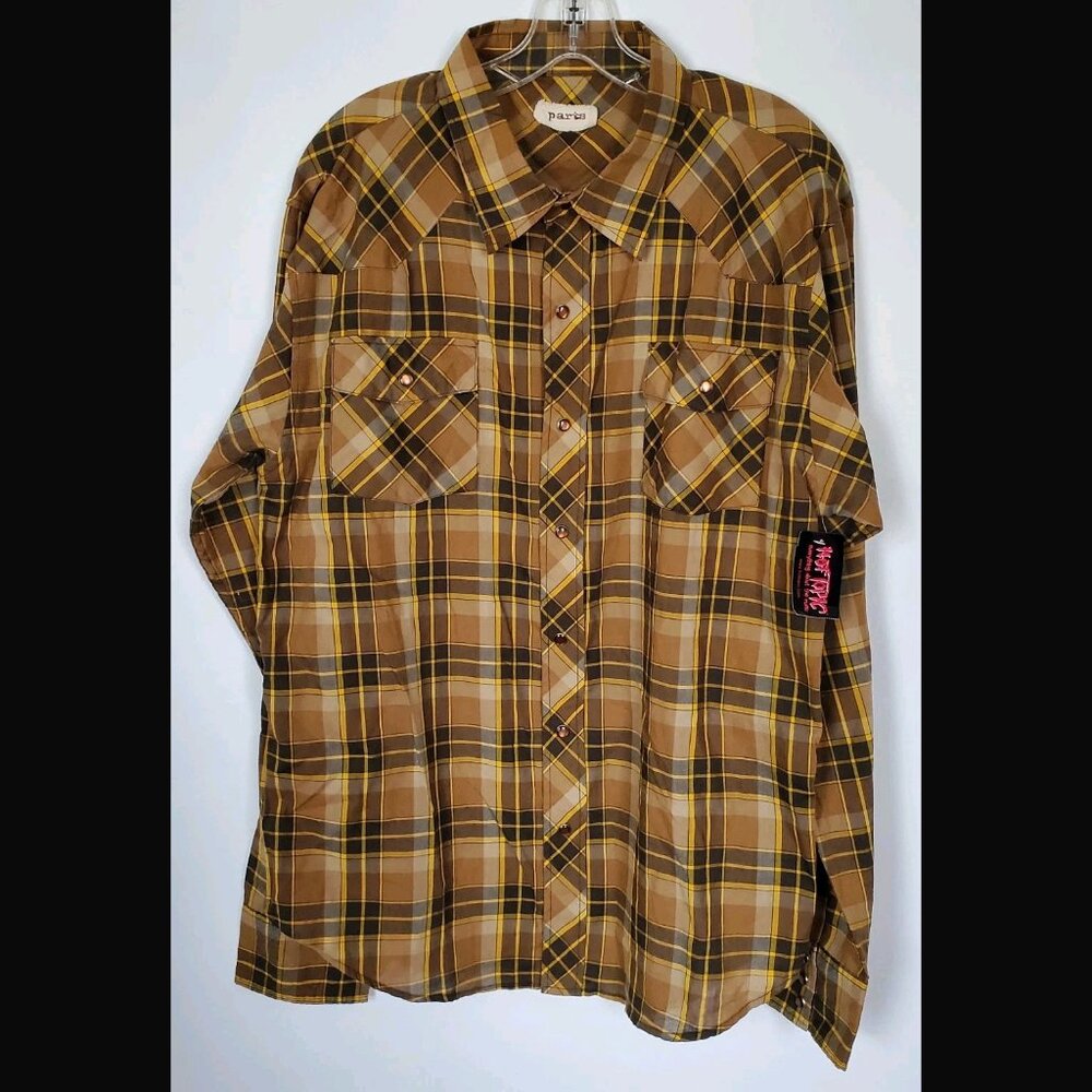 Y2K Hot Topic Parts Western Pearl Snap Shirt Mens Plaid Brown Yellow Size XXL 2x